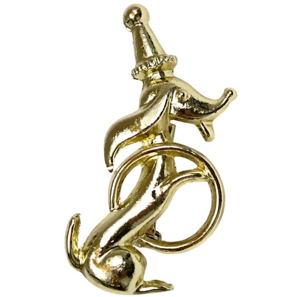 Vintage 1960s Volupte Circus Dog Brooch Gold Tone Dachshund with Hoop Pin - Picture 1 of 4
